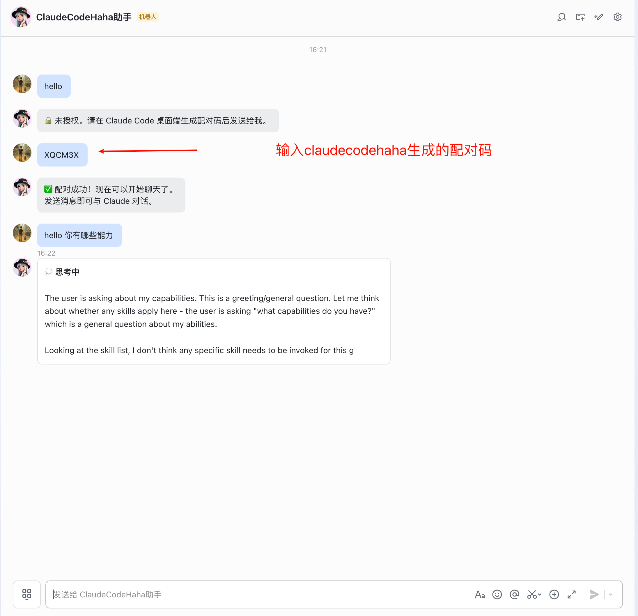 在飞书里发配对码